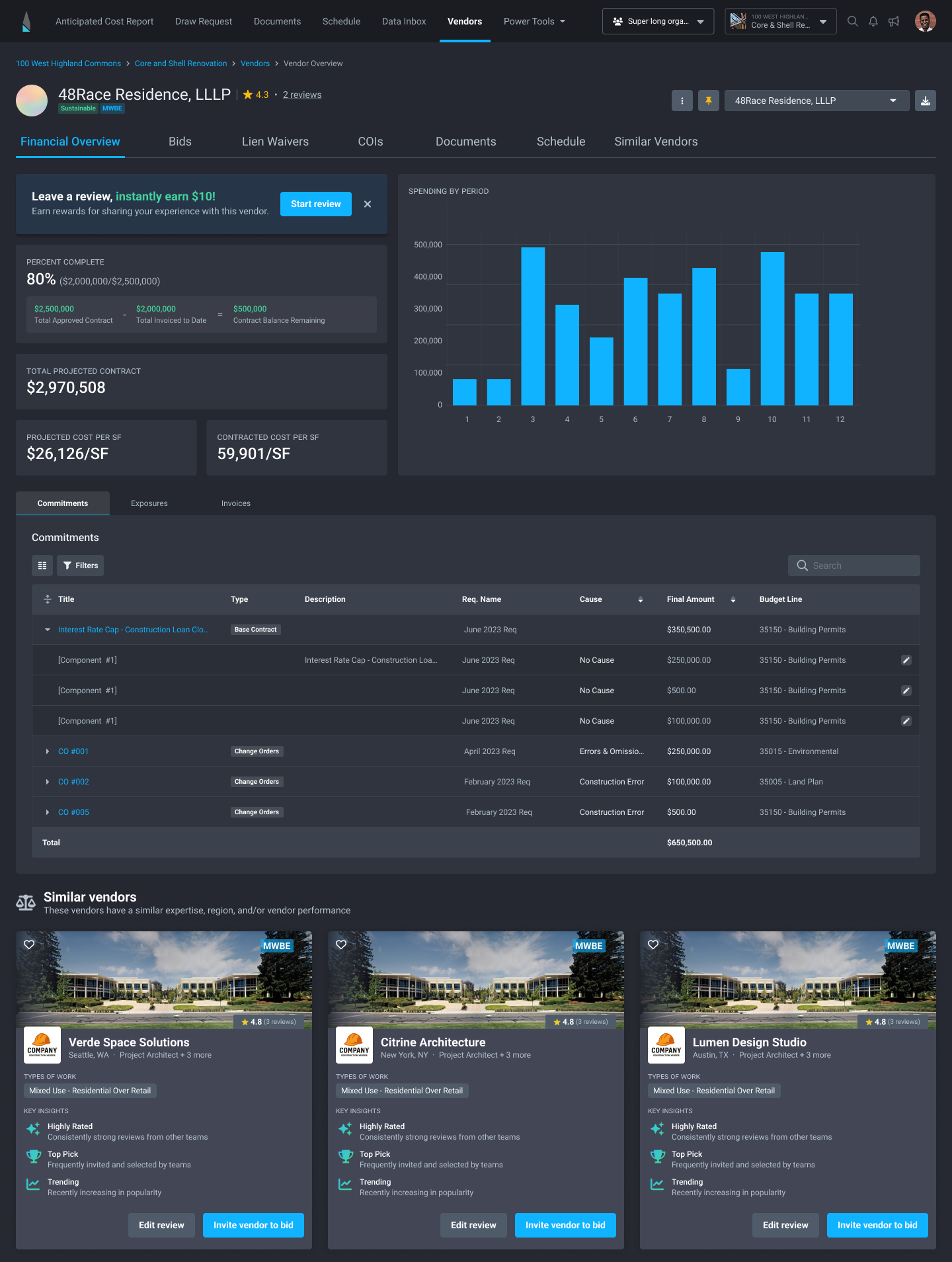 Vendor overview in Northspyre: financial overview, spending by period, commitments, and similar vendor recommendations.